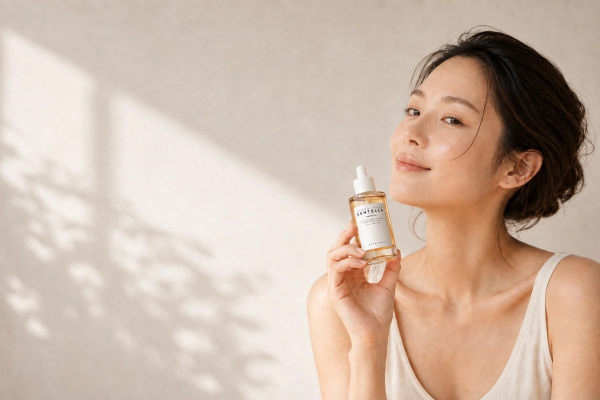 Frau hält die SKIN1004 Madagascar Centella Ampoule vor eine helle Wand